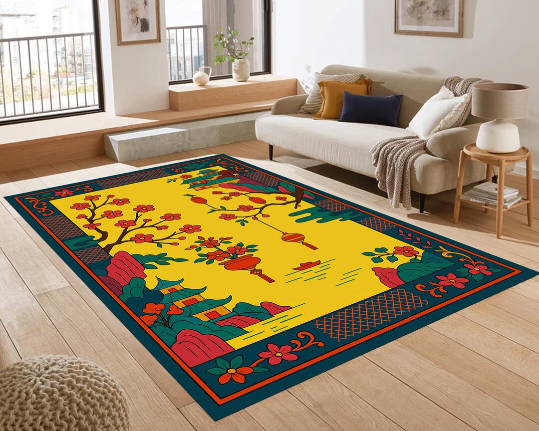 Chinoiserie Pagoda Rug | Yellow Blossom Scenic Rug - Etsy