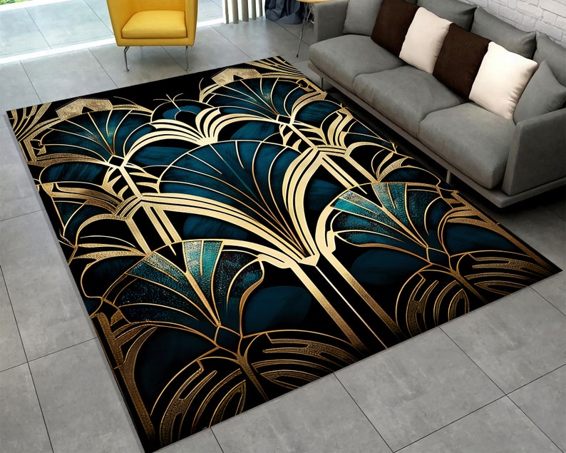 Art Deco Rug, Navy Blue Gold Striped, Modern Art Rug, Abstract Rug