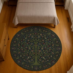 May include: A round area rug with a tree of life design. The rug features a dark blue background with a central tree motif in green, red, and cream colors. The rug is placed on a hardwood floor.