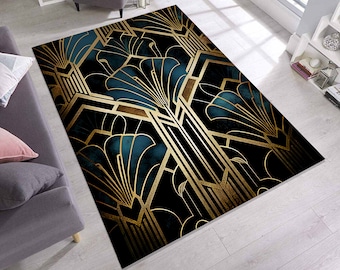 Art Deco Rug, Navy Blue Rug, Gold Striped Rug, Geometric Shaped Rug, Modern Art Rug, Home Decor Rug, Abstract Area Rug, Living Room Rug
