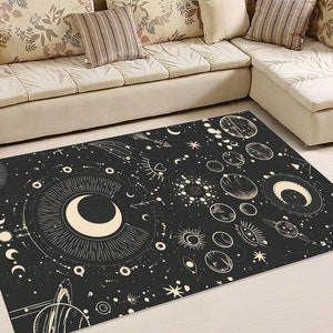 Astral Rug Pattern Dark Astral Horoscope Witchy Moon Pattern Black Halloween Rug Living ...