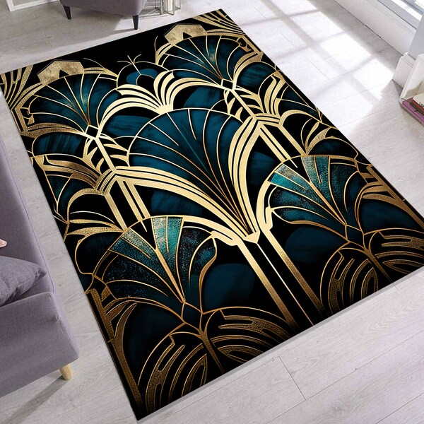 Art Deco Rug, Navy Blue Gold Striped, Modern Art Rug, Abstract Rug, Salon Kitchen Living Room Washable Bedroom Entryway Nonslip Laundry Dorm