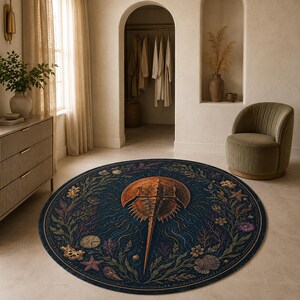 May include: A circular area rug featuring a central orange horseshoe crab illustration surrounded by a dark blue border decorated with intricate marine life patterns, including starfish, seashells, coral, and seaweed in muted tones.