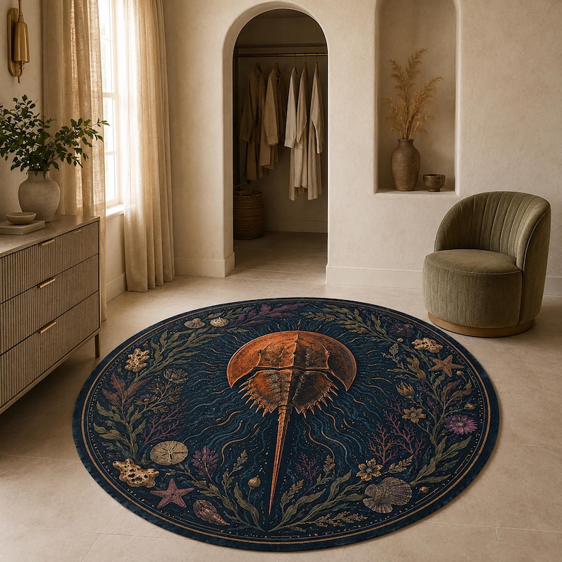 May include: A circular area rug featuring a central orange horseshoe crab illustration surrounded by a dark blue border decorated with intricate marine life patterns, including starfish, seashells, coral, and seaweed in muted tones.