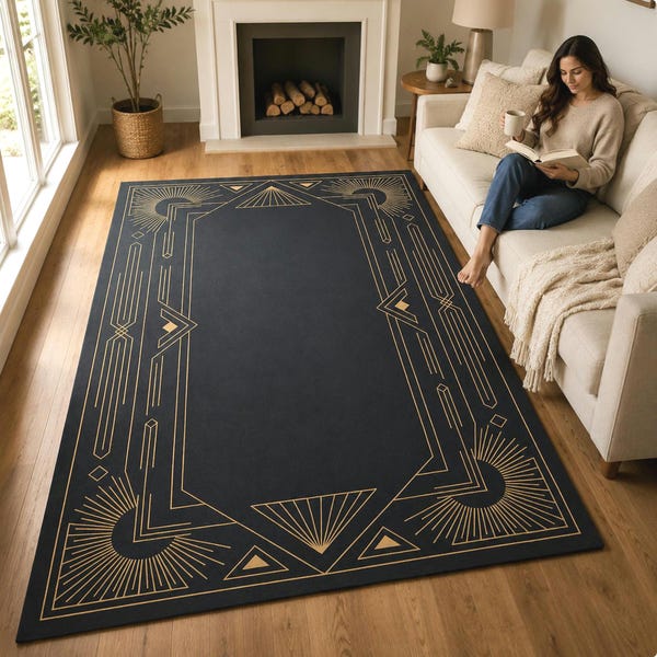 Alfombra geométrica Art Déco, alfombra de entrada estilo Gatsby en negro y dorado