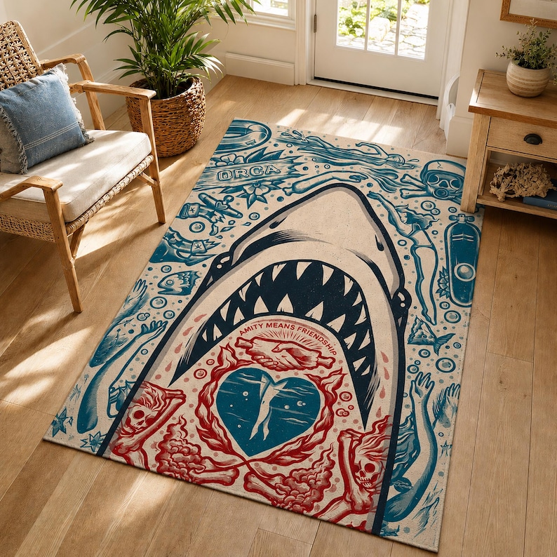 White Shark Attack Area Rug, Retro Horror Movie Poster Carpet