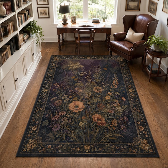 Dark Wildflower Area Rug, Vintage Floral Rug, Cottage Garden Carpet, Home Decor