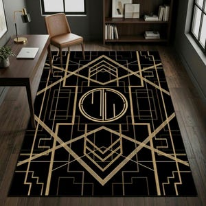 Tappeto Art Déco con linee geometriche nere e dorate