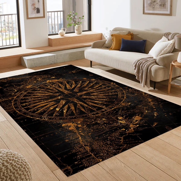 Old World Map Rug, Gold Striped Rug, Compass Decor, Pirate Navigation, Home Area Rug, Living Room Decor Eclectic Salon Nonslip Washable Dorm