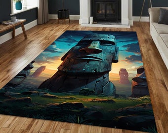 Ancient Monument Rug, Mystical Stone Head Rug with Sunset Sky, Bold Carpet for Living Room or Study, Timeless Sacred Symbol Rug Design