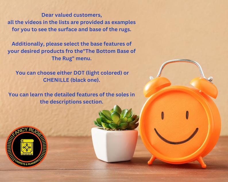 May include: An orange twin-bell alarm clock with a smiling face, a small green succulent in a white square pot, and a circular logo featuring a rug icon and the text FANCY RUGS CARPETS & RUNNERS. Text explains rug base options.