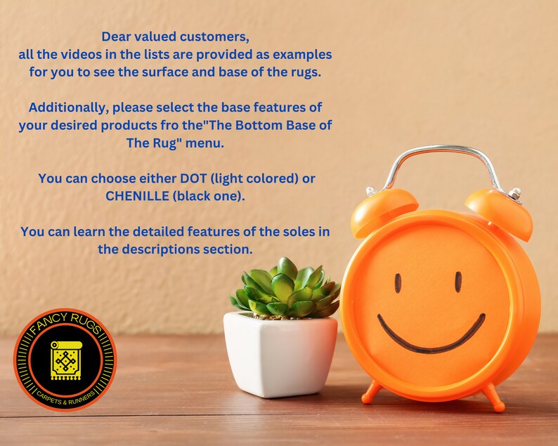 May include: A smiling orange alarm clock with a white plant in a white pot on a wooden surface. The text "FANCY RUGS" is in a circle with a rug design inside. The text "CARPETS & RUNNERS" is below the circle.