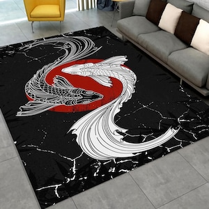 Yin Yang Koi Fish Rug, Black White Zen Ink Brush Rug, Red Sun Circle Japanese Rug, Flowing Line Art Rug, Minimal Balance Area Carpet