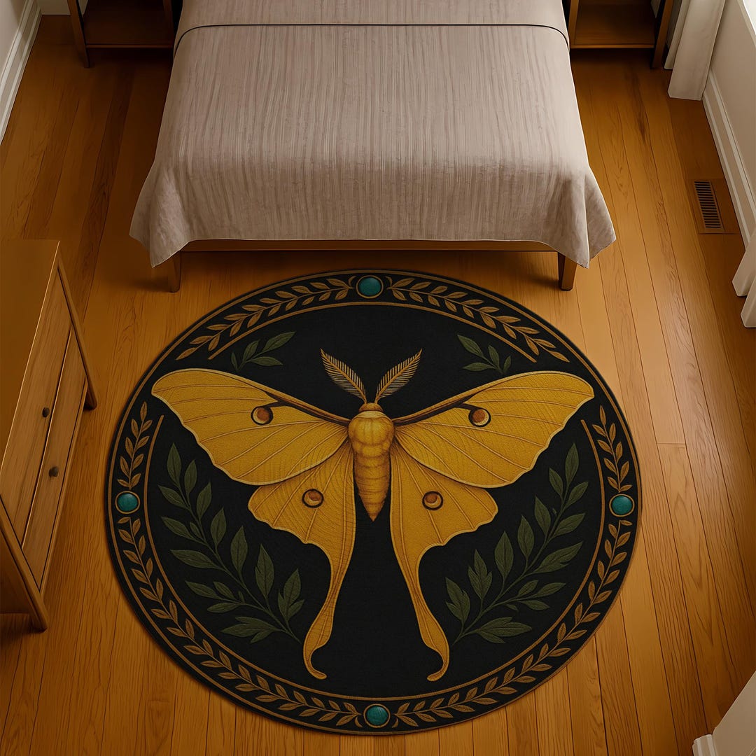 Round Moth Rug: Golden Luna, Laurel Border, Black - Etsy