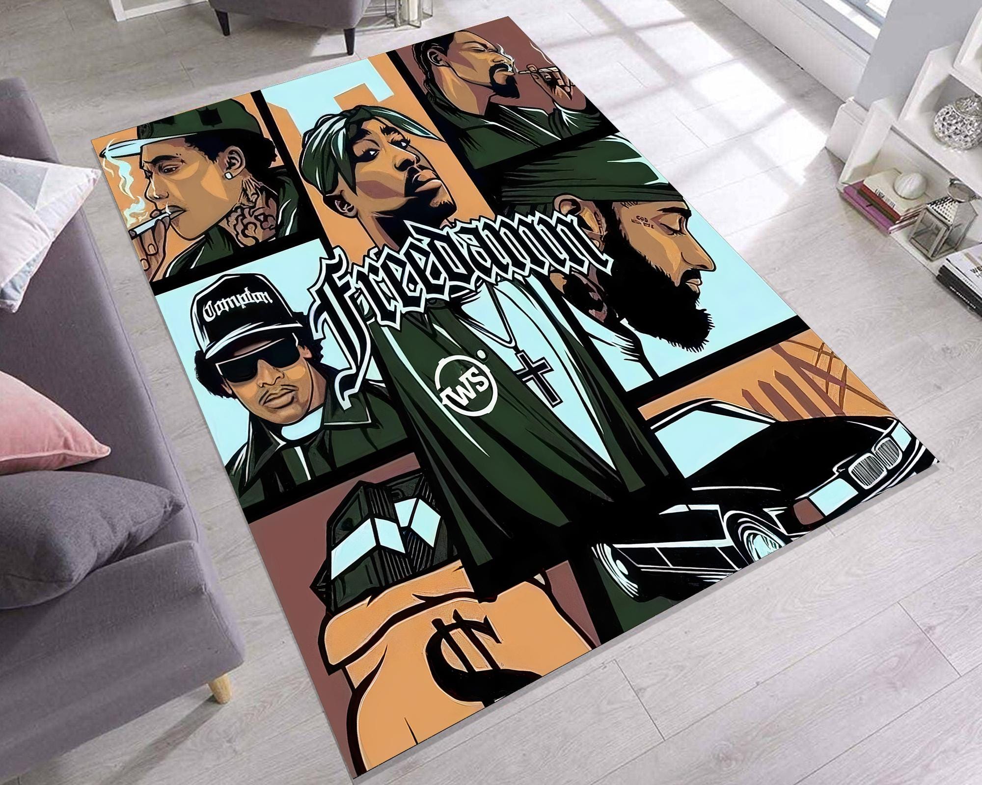 West Coast Hip Hop Rug: 90s Rap Legends, Urban Studio Decor