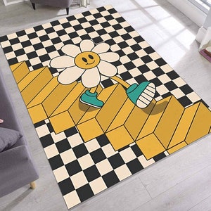 Alfombra de flores alegres, divertida alfombra de dibujos animados con fondo a cuadros y escalones amarillos, divertida alfombra para habitación infantil, colorida alfombra retro.