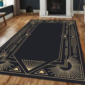 Art Deco Rug, Black Gold Striped Rug, Gold Lined Rug, Geometric Shaped Rug, Modern Decor, Home Decor Rug, Salon Abstract Minimalist  Kitchen