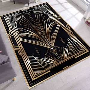Luxury Art Deco Style Rug, Black And Gold Elegant Carpet, Modern Glam Living Room Rug, 1920s Geometric Pattern Area Rug Statement Accent Rug