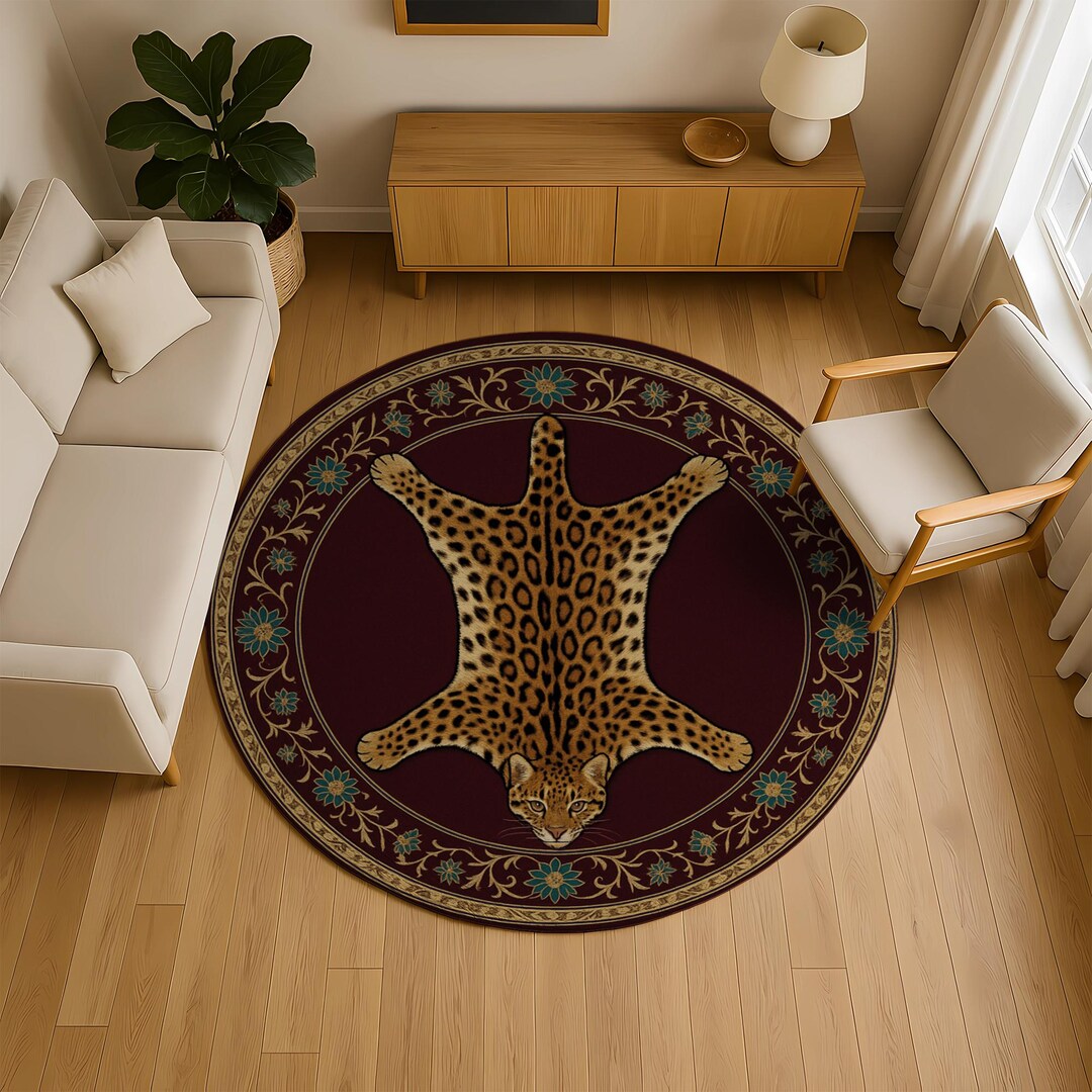 Round Hide Rugs Round Leopard Hide Rug: Burgundy & Teal Floral Border - Etsy