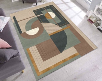 Tone In Mint Mid Century Pattern Living Room Rug Soft Color Geometric Shape Kitchen Salon Abstract Carpet Print  Minimalist Area Accent Dorm