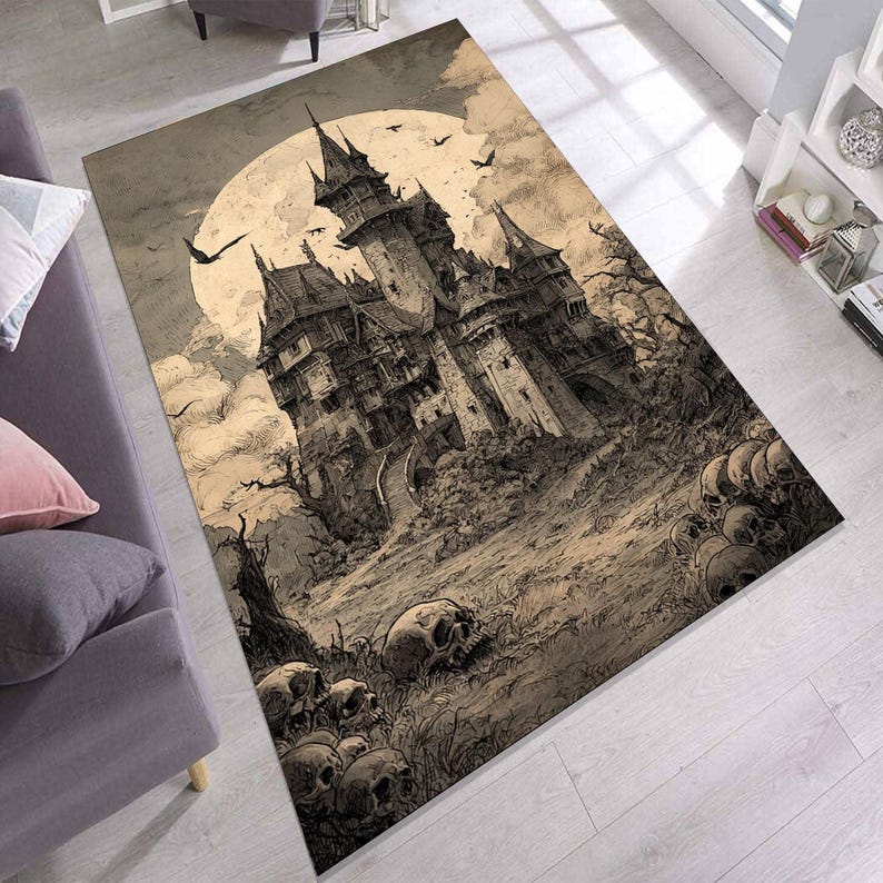 Knight Castle Rug Haunted Gothic Castle Rug, Moonlit Spires and Skull Path Horror Art - Etsy