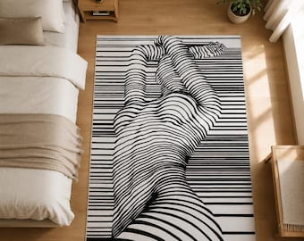 Abstract Optical Illusion Rug, Monochrome Contour Line Carpet, Modern Geometric Home Decor
