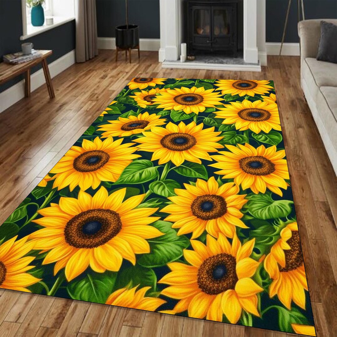 Sunflower Pattern Rug, Bright Yellow Floral Rug, Cottage Kitchen Decor ...