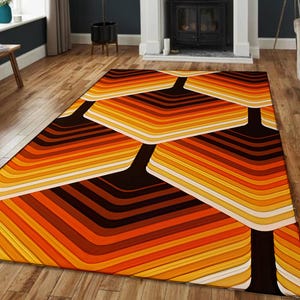 70s Retro Hexagon Rug: Orange Brown Geometric Accent Carpet