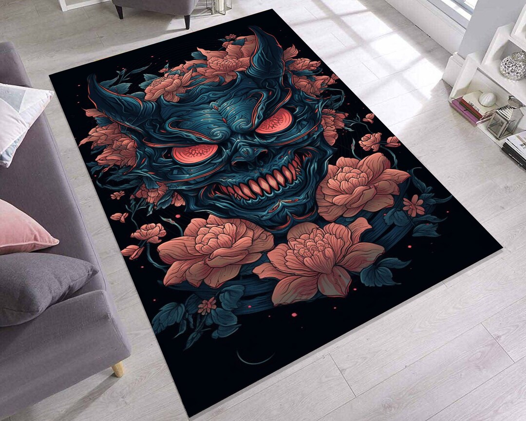 Oni Mask Dark Floral Rug, Japanese Demon Bloom Rug, Gothic Mythic Skull ...