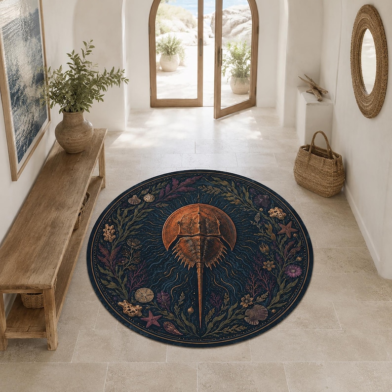 May include: A round area rug featuring a central copper-colored horseshoe crab illustration surrounded by a dark blue border decorated with intricate marine life patterns, including various seaweeds, small shells, starfish, and coral elements.