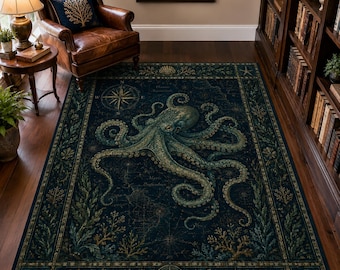 Vintage Octopus Nautical Chart Rug, Compass Rose Ocean Area Carpet