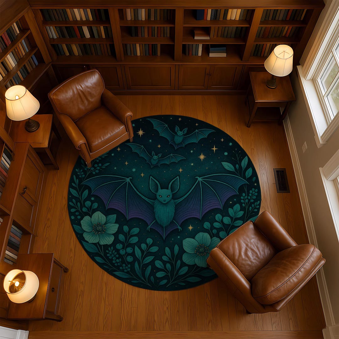 Round Night Bat Rug: Teal Moon Garden, Gothic Floral - Etsy