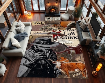 Western Cowboy Rug, Vintage Americana Rug, Outlaw Style Carpet, Wild West Cowboy Decor Rug, Retro Ranch Rug for Bold Interior Accents