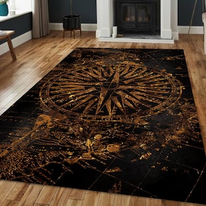 tapis boussole vintage, tapis de carte nautique or antique, élégant tapis de style explorateur, décor de navigation sombre, tapis sur le thème des voyages maritimes