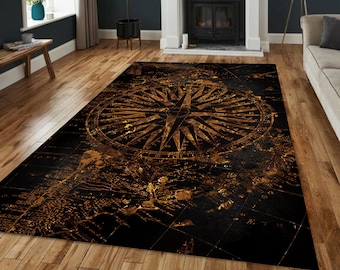 Vintage Compass Rug, Antique Gold Nautical Map Carpet, Elegant Explorer Style Rug, Dark Navigation Decor, Maritime Travel Themed Area Rug