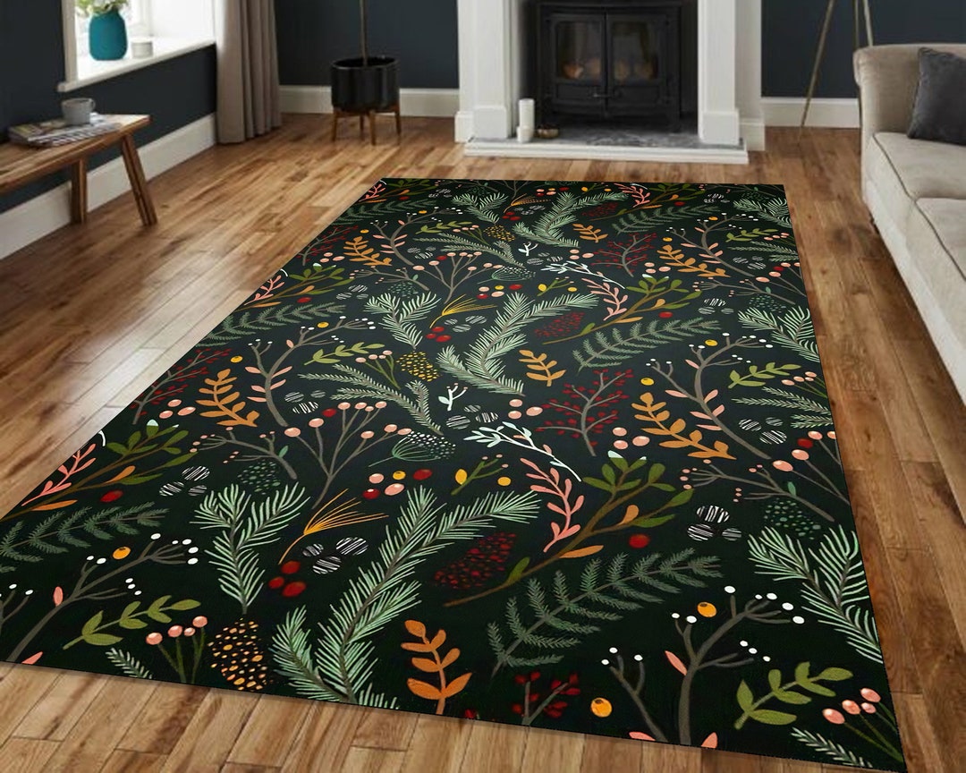Eclectic Plant Rug, Floral Pattern Rug, Home Decor Rug, Green Grass Rug