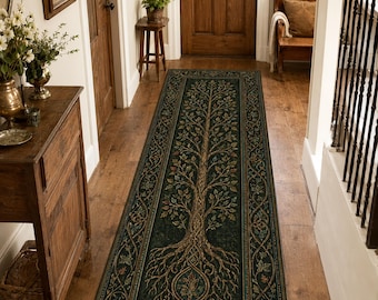 Celtic Tree of Life Runner Rug, Dark Green Woodland Hallway Accent Rug
