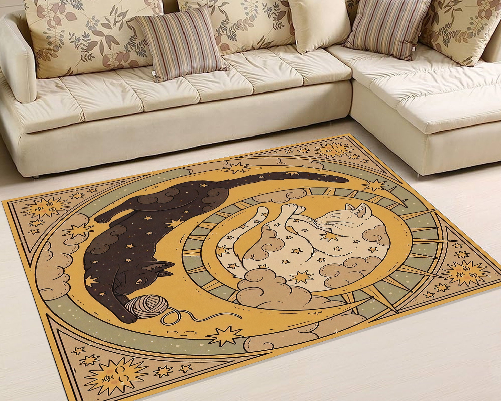 Eclectic Black White Magical Cat Pattern Rug Boho Animal Print -  in  2023