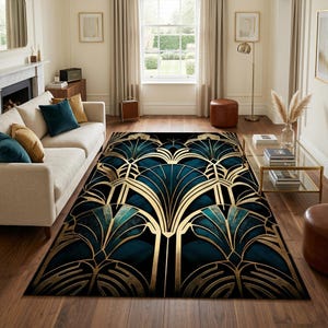 Schwarz-Gold-Art-Deco-Teppich mit Teal Detail