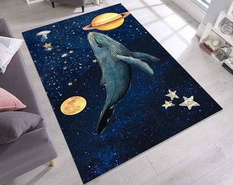 Cosmic Whale Kids Rug: Fantasy Galaxy Space Design, Washable Carpet