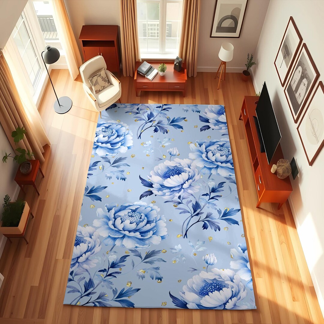 Light Blue Peony Rug, Chinoiserie Floral Area Rug, Gold Accents - Etsy