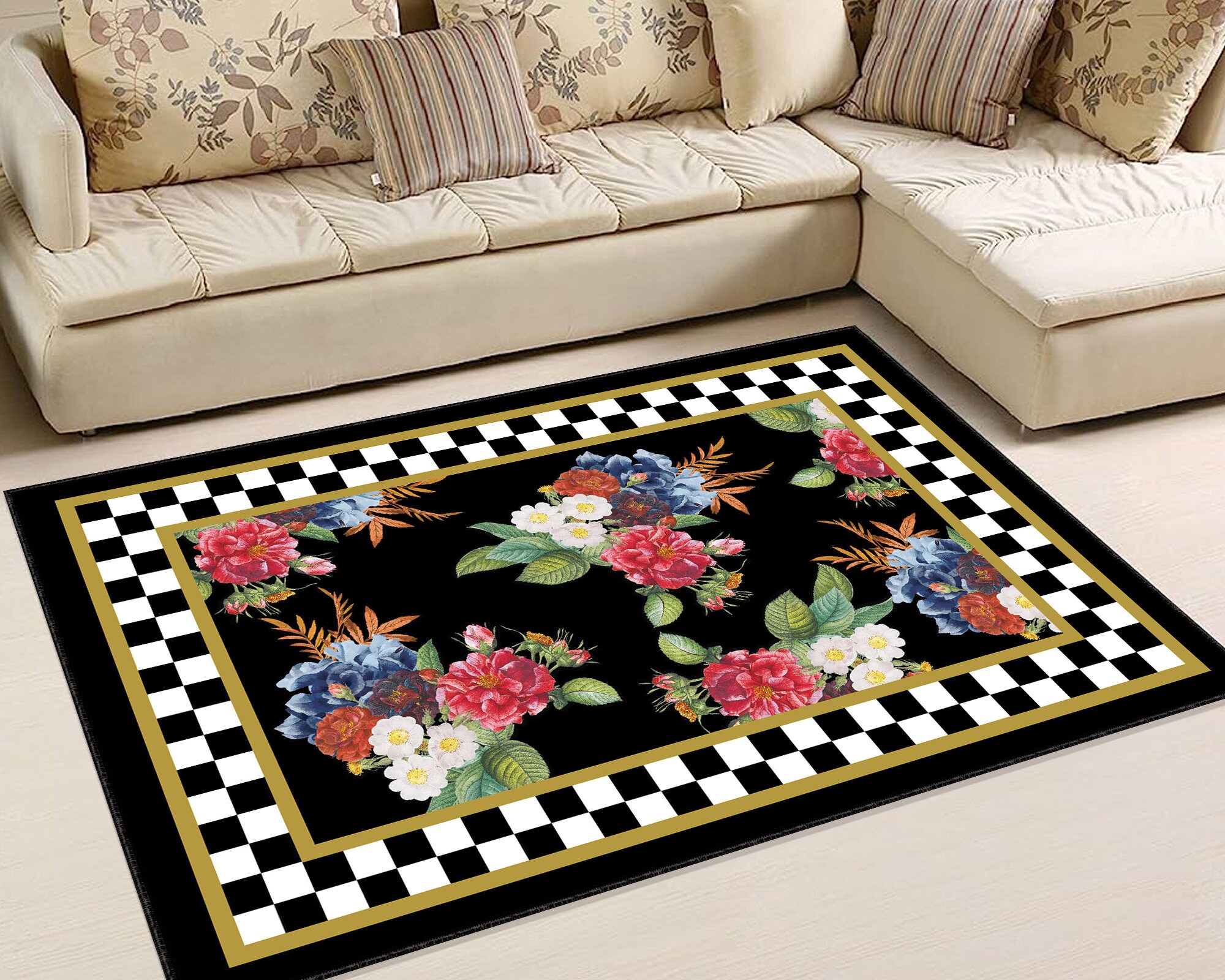Black Floral Rug With Checkered Border - Etsy