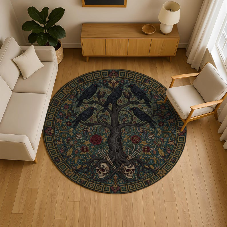 Round Gothic Crow Rug: Ravens Tree of Life, Skull Floral, Dark Folklore ...