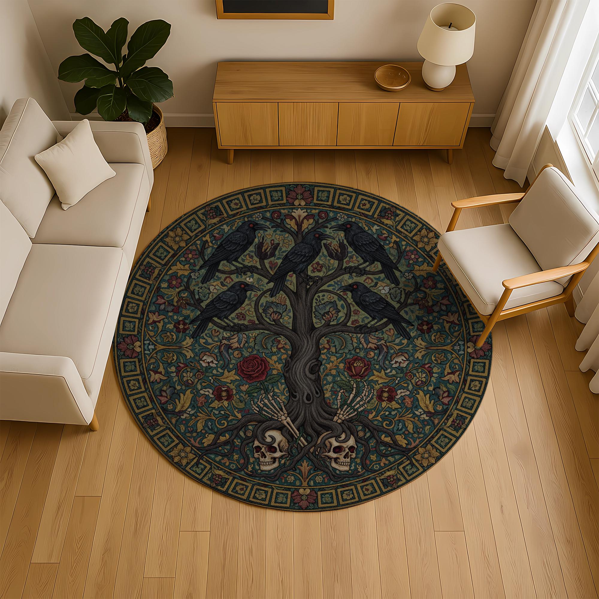 Round Gothic Rug Round Gothic Crow Rug: Ravens Tree of Life, Skull Floral, Dark Folklore ...