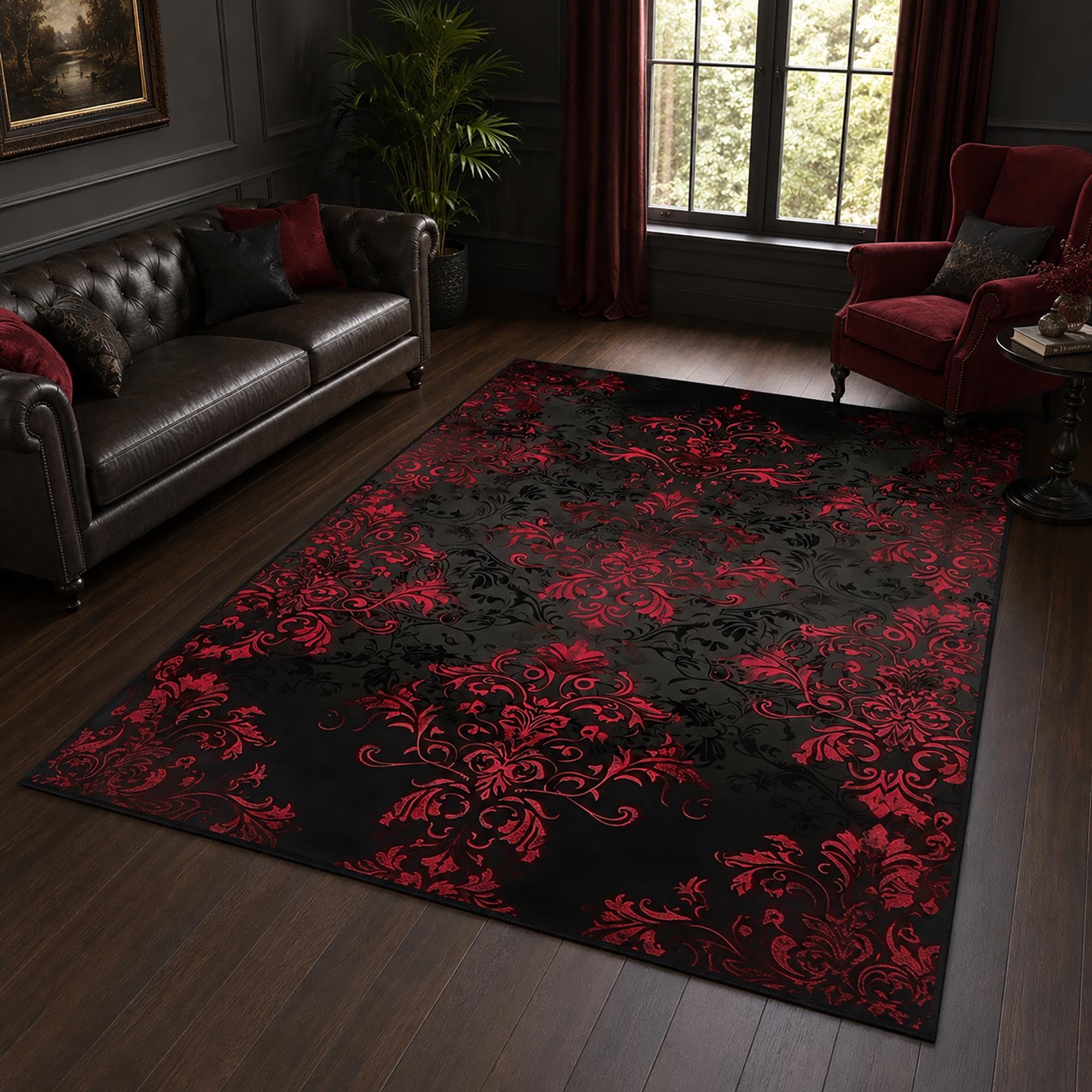 Carpet Rococo Red Red Black Gothic Damask Rug, Victorian Floral Baroque Pattern Rug, Dark ...