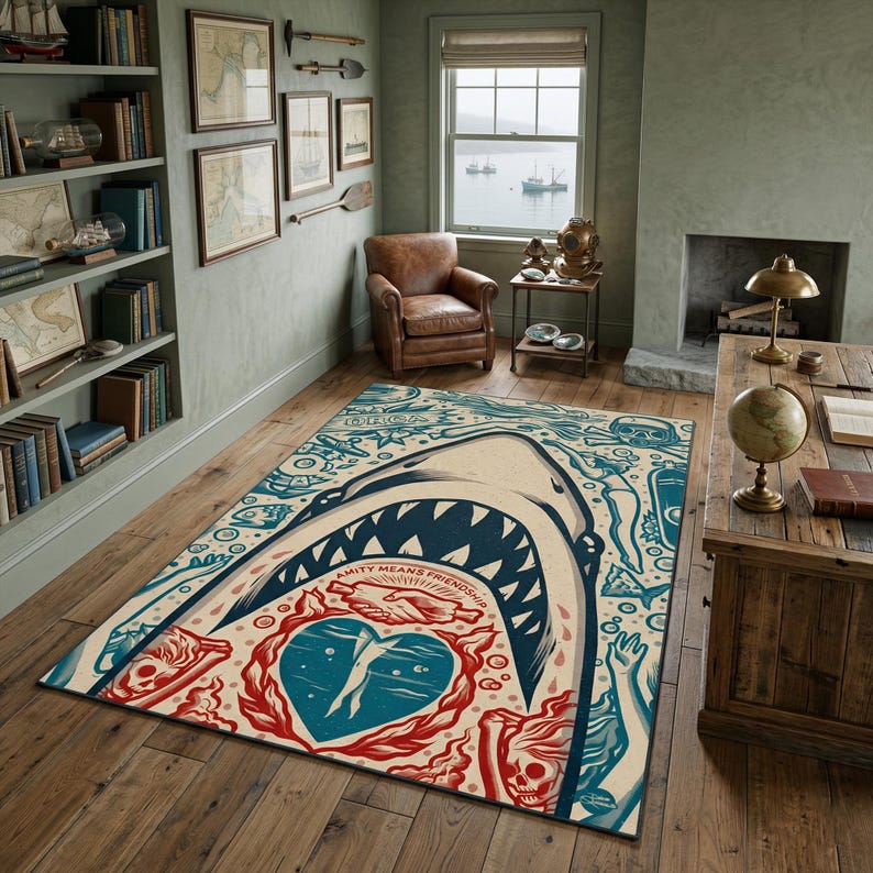 White Shark Attack Area Rug, Retro Horror Movie Poster Carpet