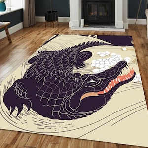 Alligator Rug, Bold Modern Animal Art Carpet, Unique Graphic Reptile Rug, Cool Gator Decor for Kids Room, Swamp Jungle Theme Statement Rug