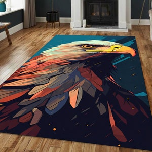 Bold Bald Eagle Rug for Living Room, Geometric Feather Rug in Teal, Majestic Bird Rug for Den, Statement Art Rug, Soft Nonslip Area Carpet