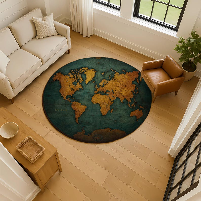 Vintage World Map Rug, Teal Gold Globe Cartography Rug - Etsy