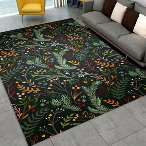 Eclectic Floral Plant Rug: Green Herb Pattern, Minimalist Decor